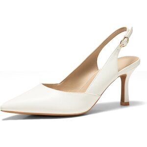 Women's White Faux Leather Pointed Toe Slingback Stylish Buckle Pump Shoes